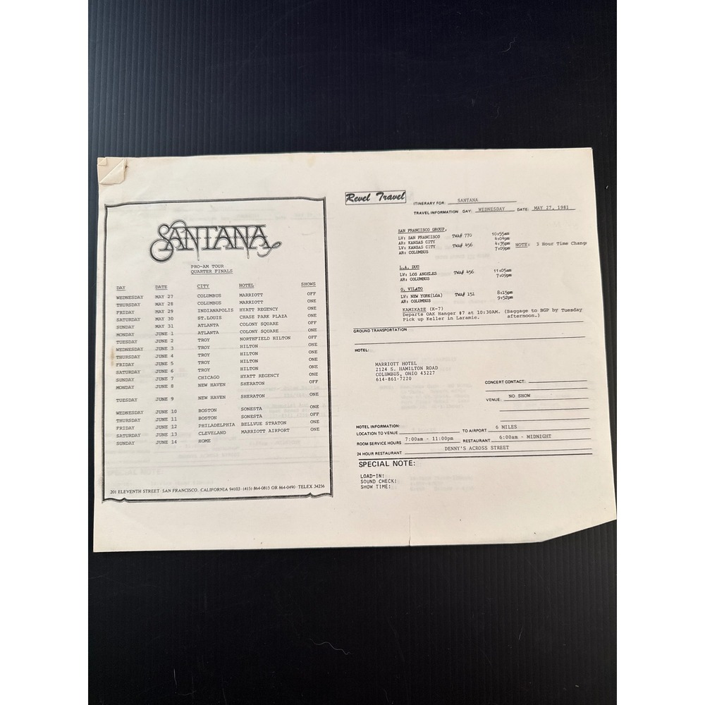 Vintage 1981 Santana Pro-Am Tour Quarter Finals Itinerary Revel Travel Ephemera